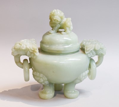 Lot 41 - A Chinese Carved Celedon Jade Censor, 20th...