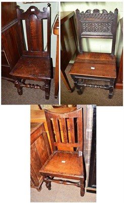 Lot 841 - An early 18th century panelled oak chair with carved back and two others