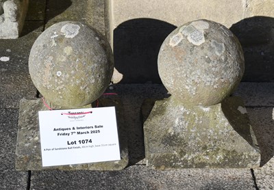 Lot 1074 - A Pair of Sandstone Ball Finials, 40cm high,...