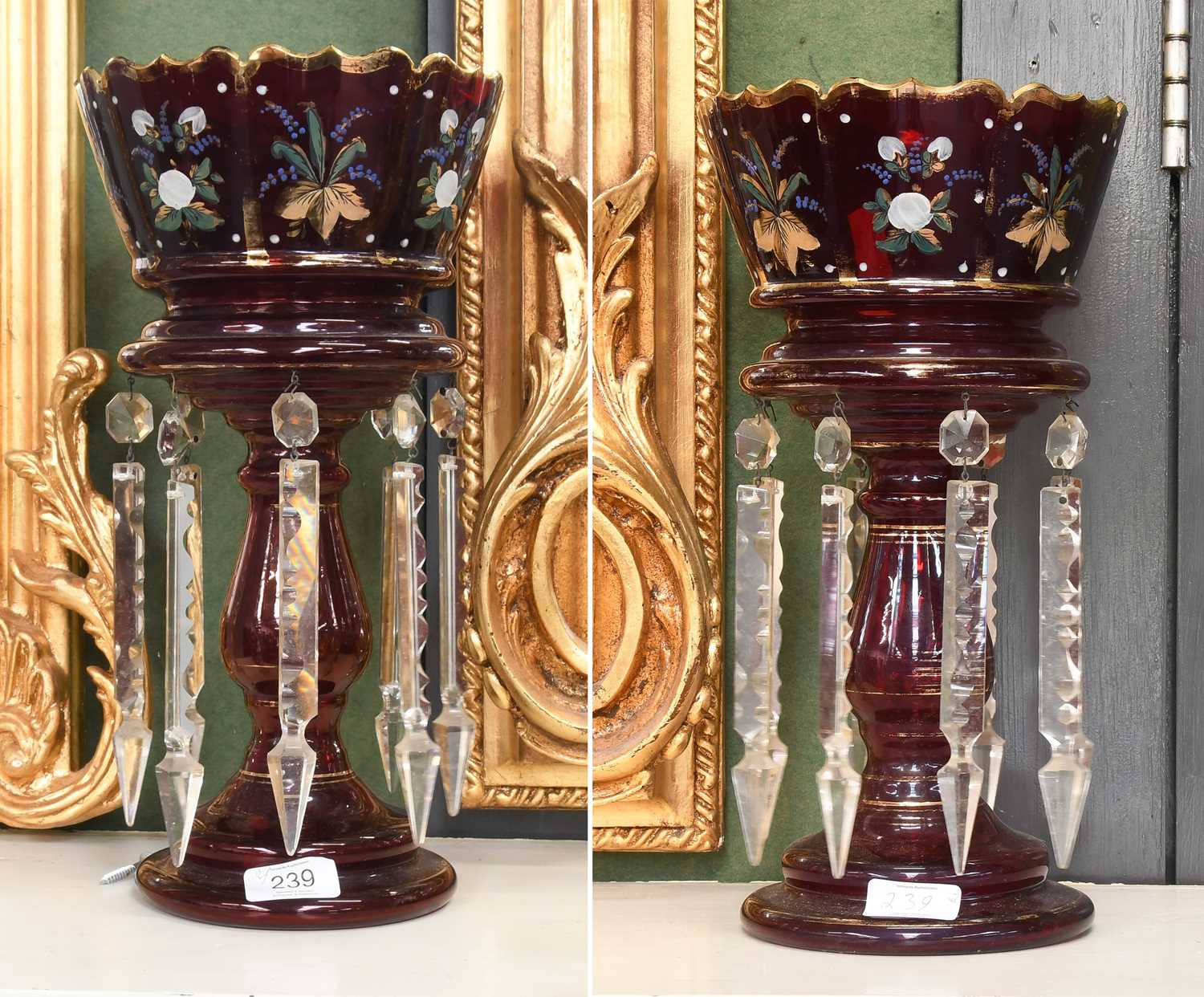 Lot 161 - A Pair of Victorian Floral Painted Ruby Glass...