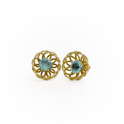 Lot 353 - A Pair of Blue Stone Earrings, the round cut...