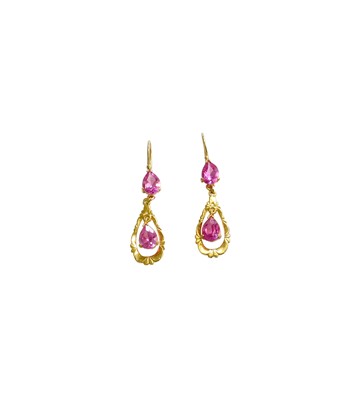 Lot 333 - A Pair of Pink Stone Drop Earrings, stamped...