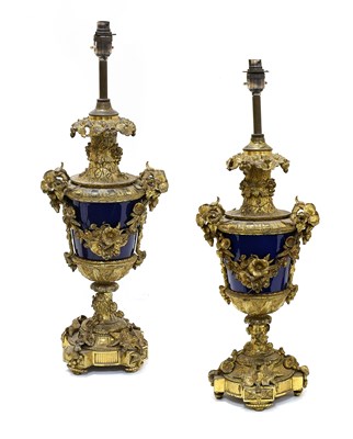 Lot 241 - A Pair of Gilt Metal Mounted Blue-Glazed...