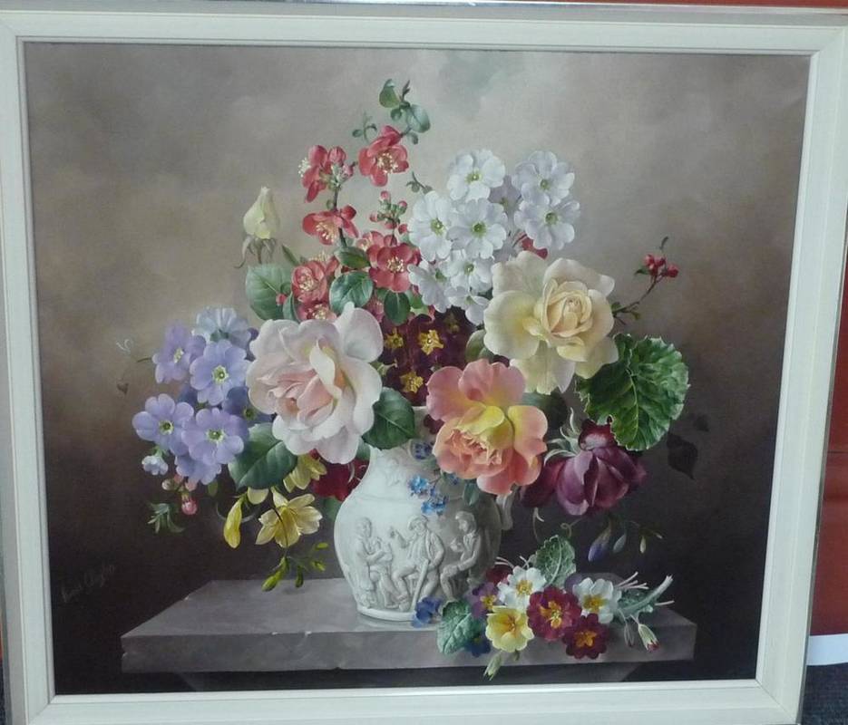 Lot 834 - Harold Clayton (1896-1979) Still life of flowers within a Staffordshire stoneware jug Signed,...