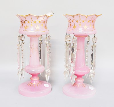 Lot 200 - A Pair of Victorian Pink Glass Table Lustres,...