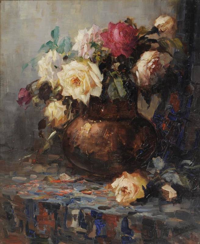 Lot 835 - J Heinemann (late 19th/early 20th century) Roses in a brown vase Indistinctly signed, oil on...