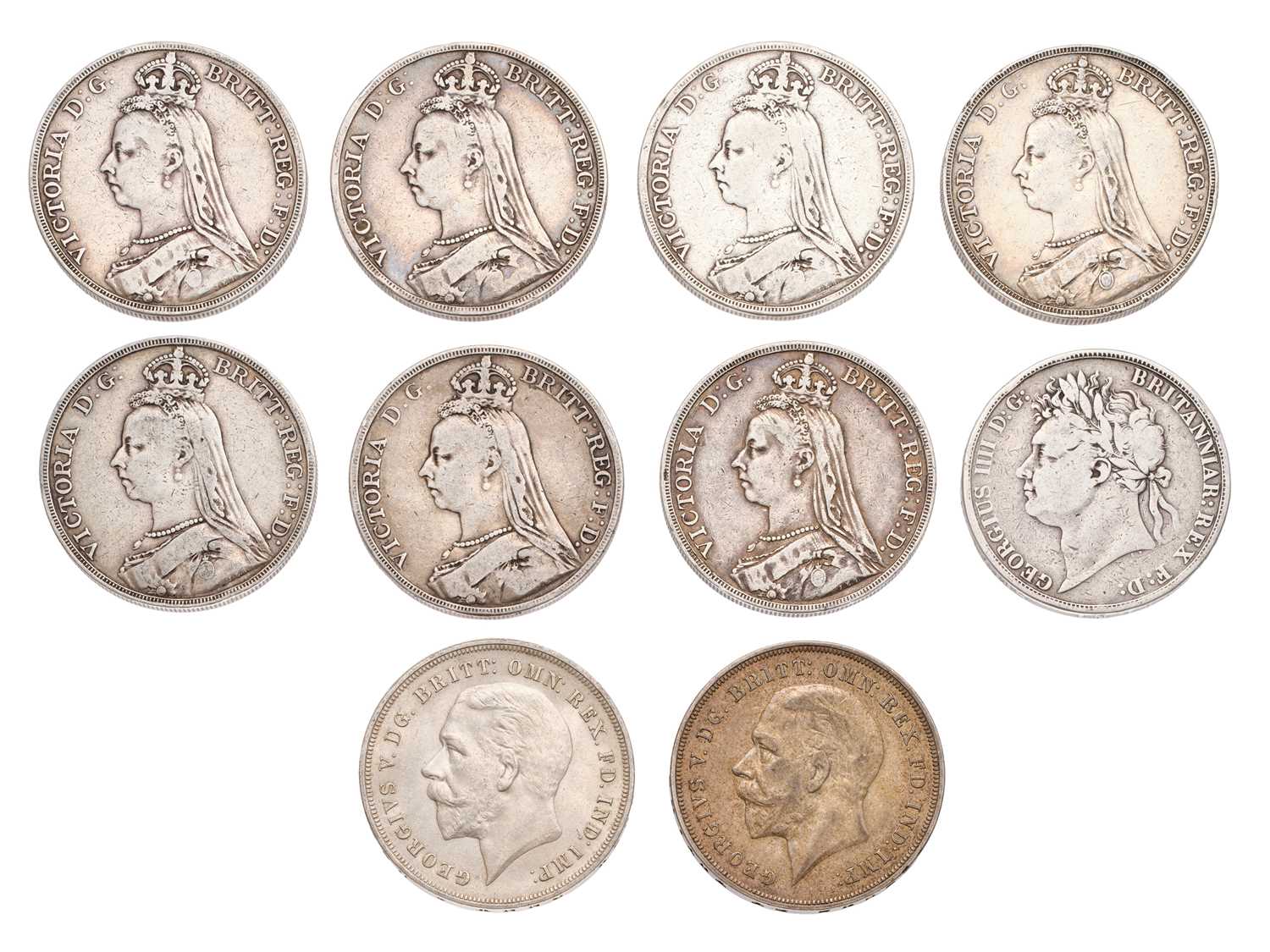 Lot 38 - 10x UK Crowns, to include; George IV, 1821...