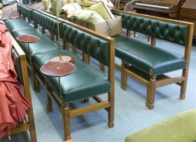 Lot 987 - Approximately thirteen metres of oak framed button upholstered benches (9 individual sections) some