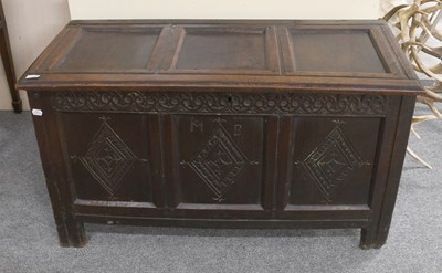 Lot 1359 - An 18th Century Carved Oak Three Panel Coffer,...