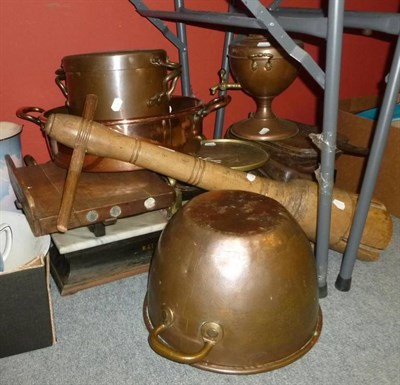 Lot 1017 - Large shallow copper bowl, a large deep copper bowl, a copper tea urn, a copper stock pot with lid