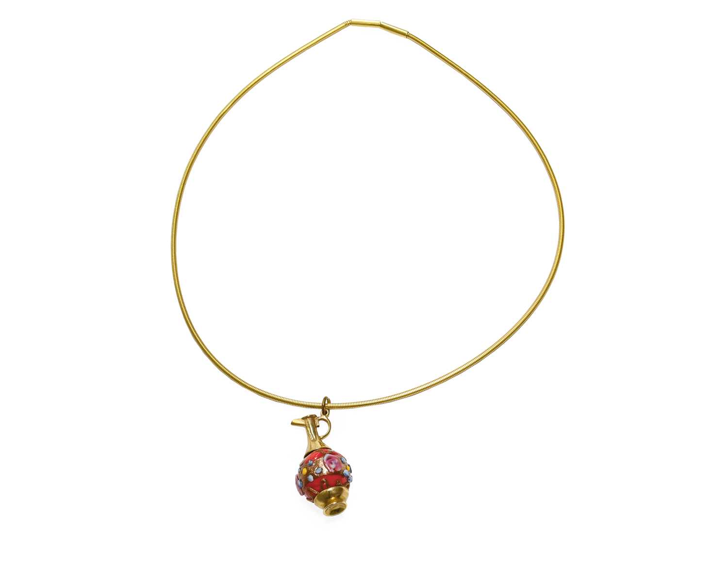 Lot 44 - An Enamel Pendant on Chain, the jug enamelled...