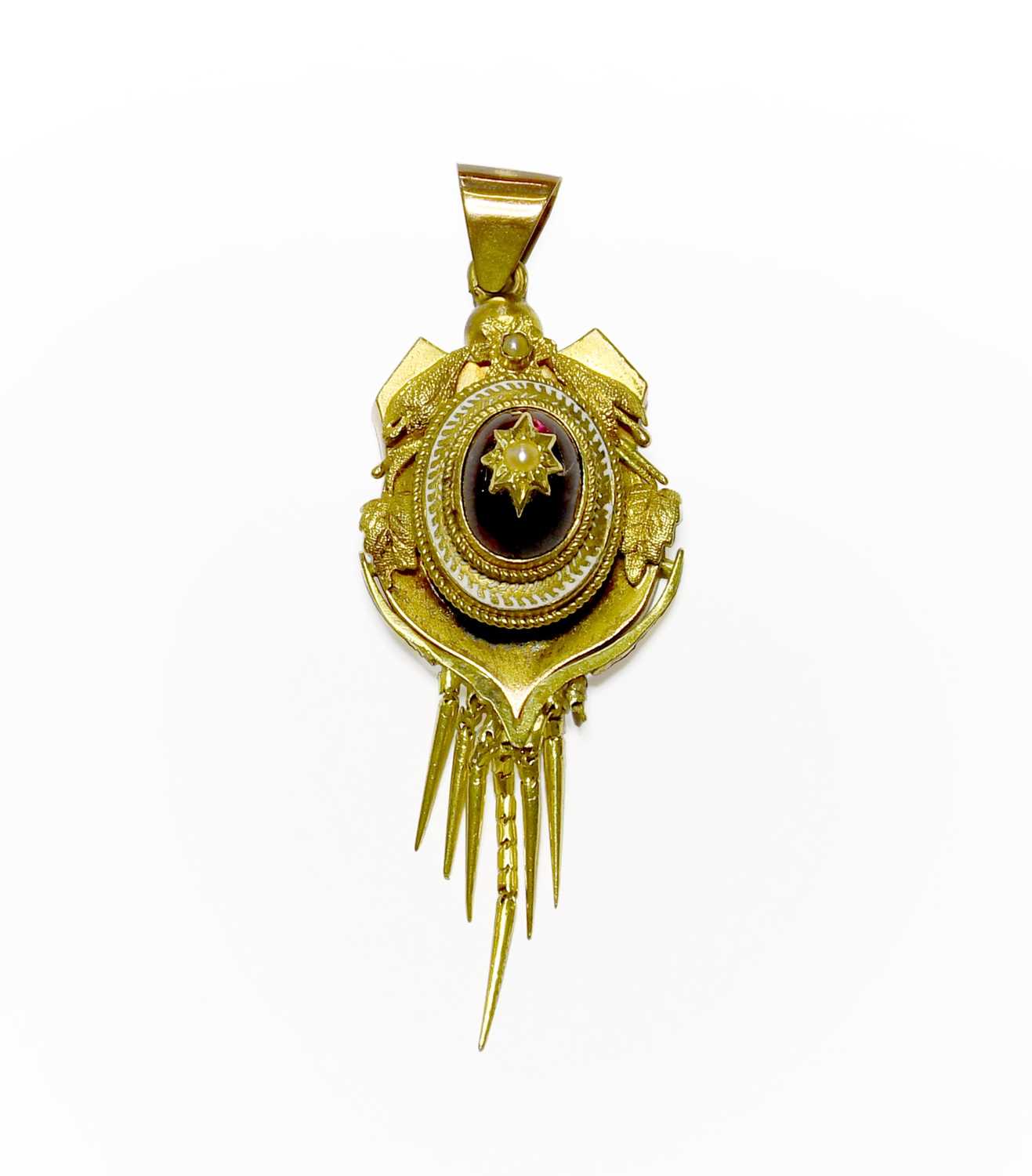 Lot 31 - A Garnet, Split Pearl and Enamel Pendant, the...