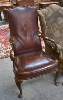 Lot 1209 - A Queen Anne Style Brown Leather Mahogany...