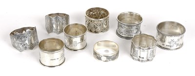 Lot 74 - Nine Assorted Silver Napkin-Rings, variously...