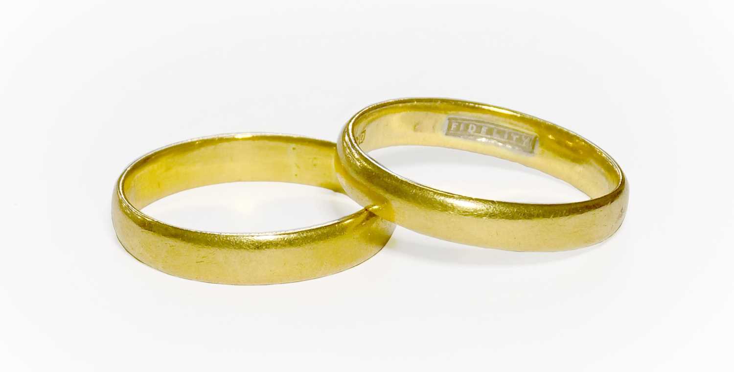 Lot 52 - Two 22 Carat Gold Band Rings, finger sizes...