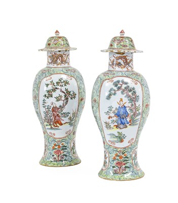 Lot 231 - A Pair of Delft Doré Baluster Vases and Covers,...