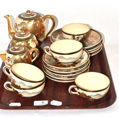 Lot 6 - Satsuma pottery tea service comprising teapot (later cover), sugar and cream, five cups and saucers