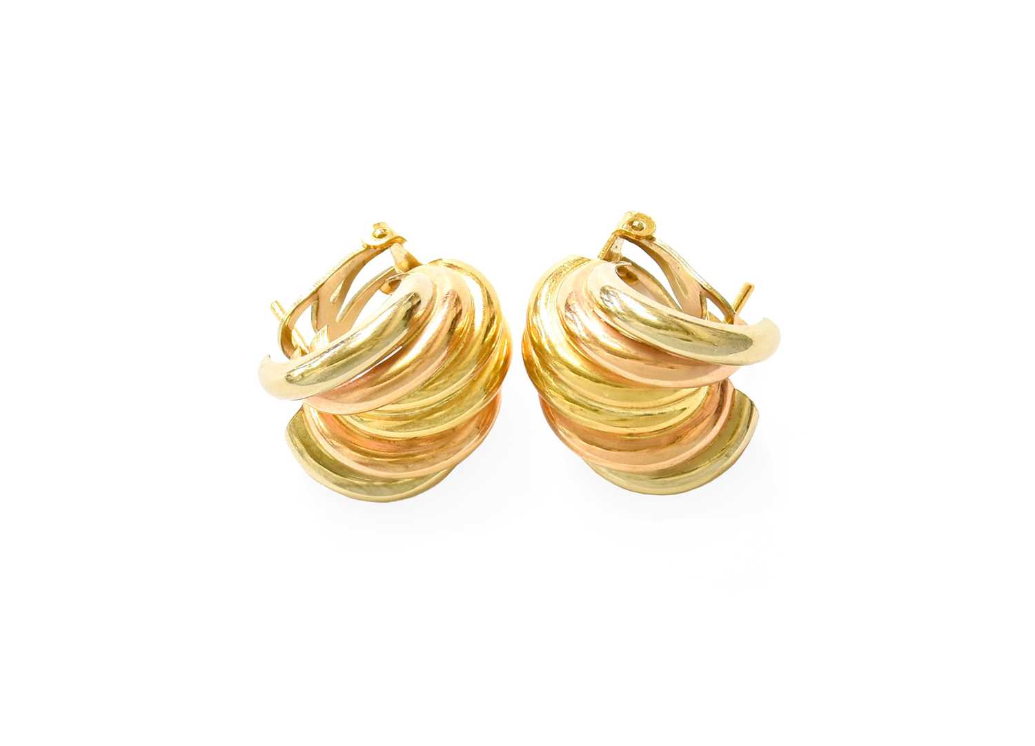 Lot 83 - A Pair of Tri-Colour Earrings, of shell motif...