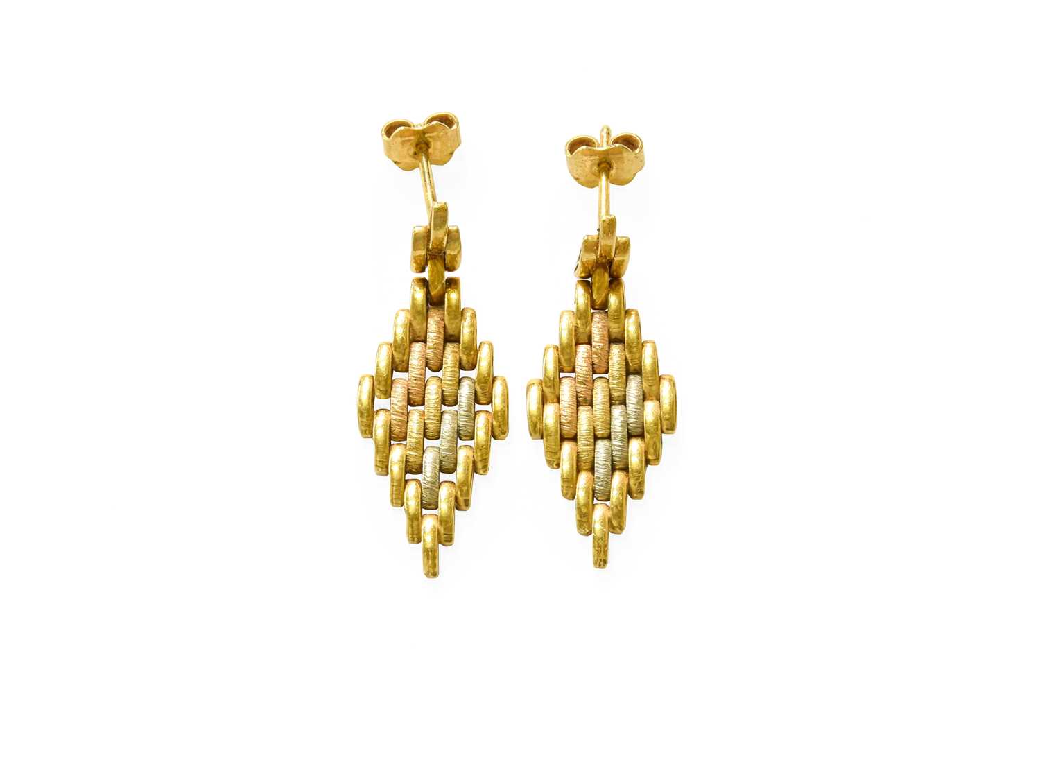 Lot 78 - A Pair of Tri-Colour Brick Link Earrings,...