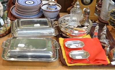 Lot 14 - Pair of plated entree dishes, plated fish eaters, pair of silver salts, silver mustard, four silver