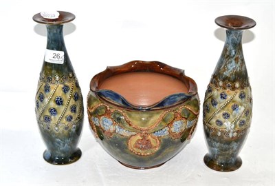 Lot 26 - Pair of Doulton stoneware vases and a similar jardiniere (3)