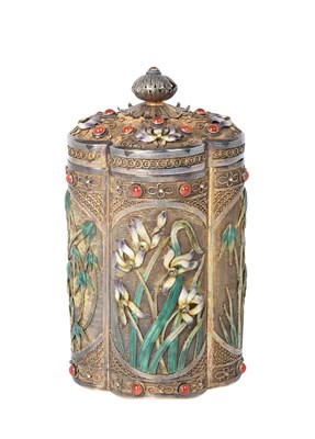 Lot 2090 - A Chinese Silver-Gilt, Gem-Set and Enamel Canister