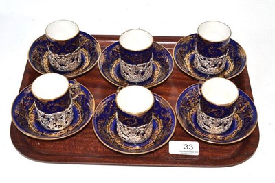 Lot 33 - Composite set of six Cauldon porcelain coffee cans and saucers, the cups in silver foliate...
