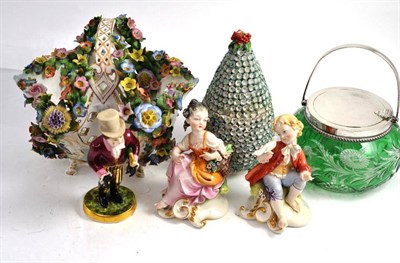 Lot 55 - Derby style figure of a man in top hat and tails, flower encrusted basket, pair of Capodimonte...