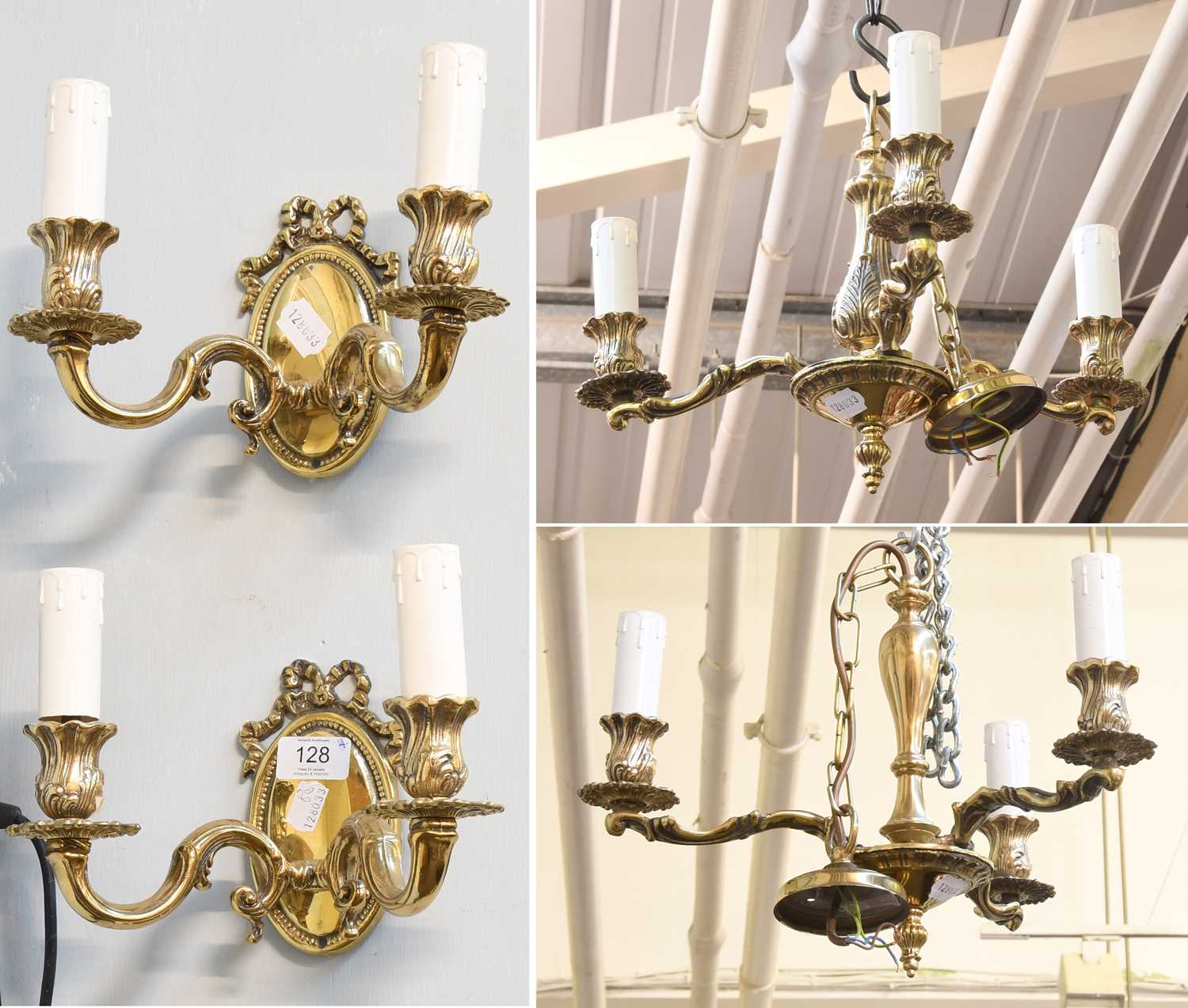 Lot 128 - A Pair of Ribbon Tied Brass Twin Light Wall...