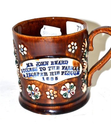 Lot 73 - Measham mug, inscribed 'MR JOHN BEARD SUCCESS TO THE FARMER & PROSPER HIS PLOUGH 1885'