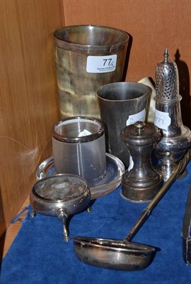 Lot 77 - Three horn beakers, glass match striker, silver toddy ladle with whale bone handle, Georgian silver