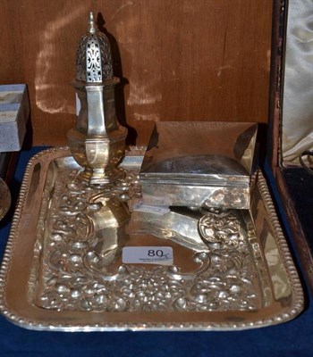 Lot 80 - Silver dressing table tray, caster and cigarette box