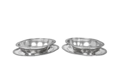 Lot 2021 - A Pair of George III Silver Sauce-Tureens and Stands