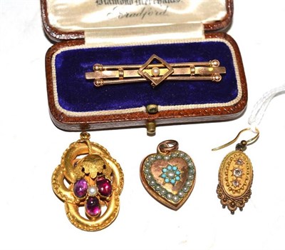 Lot 95 - A cased seed pearl bar brooch stamped '9CT' and a Victorian drop earring, pendant and a locket