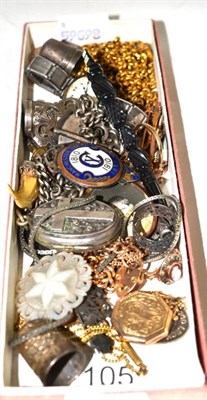 Lot 105 - Curb link bracelet with 9ct gold lock, silver watch chain and fobs, Victorian bar brooches, lockets