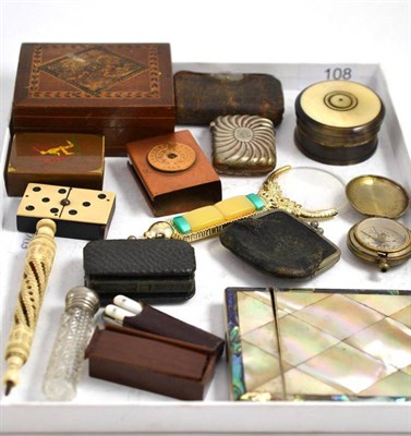 Lot 108 - Mother-of-pearl card case, horn box, domino vesta case, cased set of dominoes, small quantity...