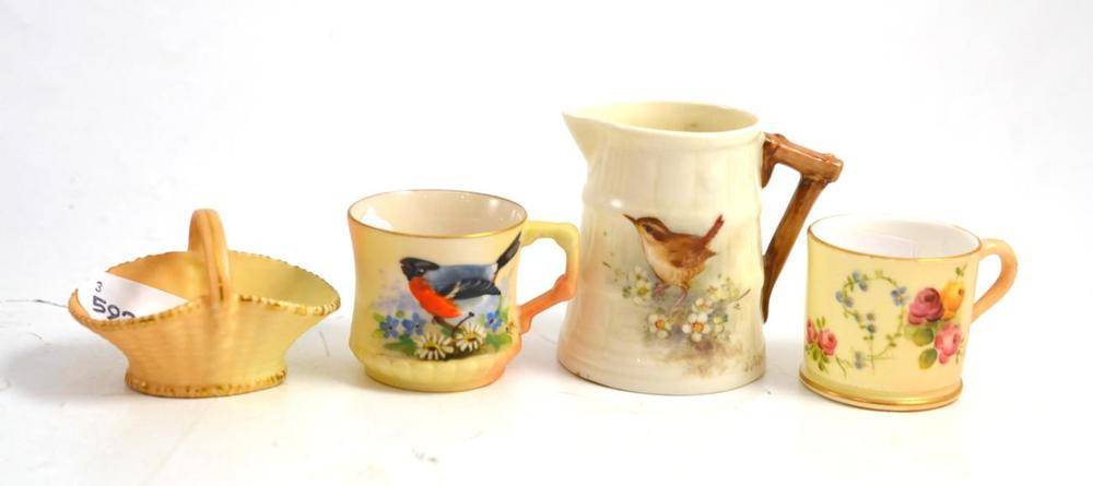 Lot 109 - A Royal Worcester jug with Wren by Powell, a mug, basket and a Locke mug (4)