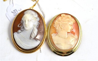 Lot 112 - A cameo brooch, in a frame stamped 'K14' and another cameo brooch