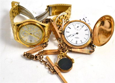 Lot 117 - A gold plated Elgin pocket watch and watch chain with attached swivel fob, and a Pulsar wristwatch