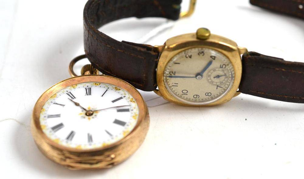 Lot 123 - A lady's fob watch with case stamped 14k and a 9ct gold wristwatch (2)