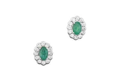 Lot 2223 - A Pair of Emerald and Diamond Cluster Earrings...