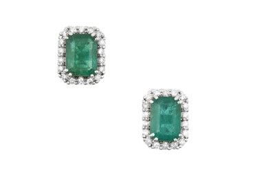 Lot 2222 - A Pair of Emerald and Diamond Cluster Earrings...