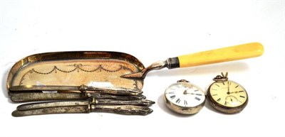 Lot 130 - Two silver pocket watches, crumb scoop and four silver handled tea knives