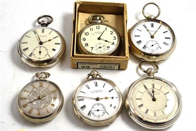 Lot 136 - Five silver open faced pocket watches and a nickel plated pocket watch (6)