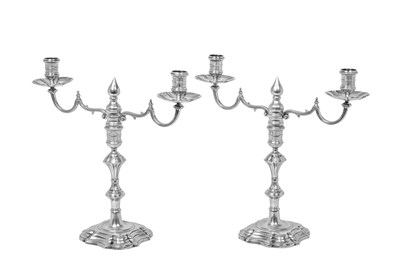 Lot 2017 - A Pair of George II Irish Silver Two-Light Candelabra