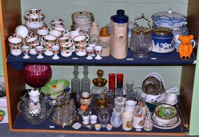 Lot 148 - Quantity of decorative ceramics, glass, plated ware, etc (on two shelves)