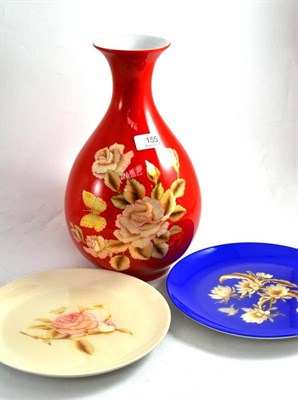 Lot 155 - Red glazed vase and two plates marked 'MI Patchworks'