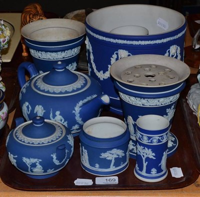 Lot 169 - A tray of Wedgwood Jasperware including jardiniere, pair of flared flower vases, teapot, spill vase