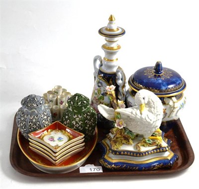 Lot 170 - A Dresden porcelain smokers stand, a pair of J.N. Taylor perfumer filigree potpourri pots, a...