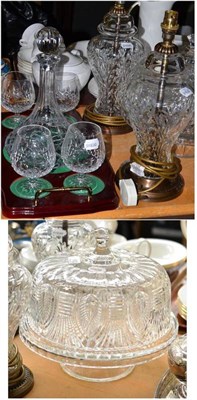 Lot 187 - A glass cake stand and cover, pair of glass table lamps with shades, and a glass decanter with four